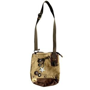 Chala Crossbody Bag Tan Denim Canvas w/ Sea Turtle Starfish Flower Bag Charms